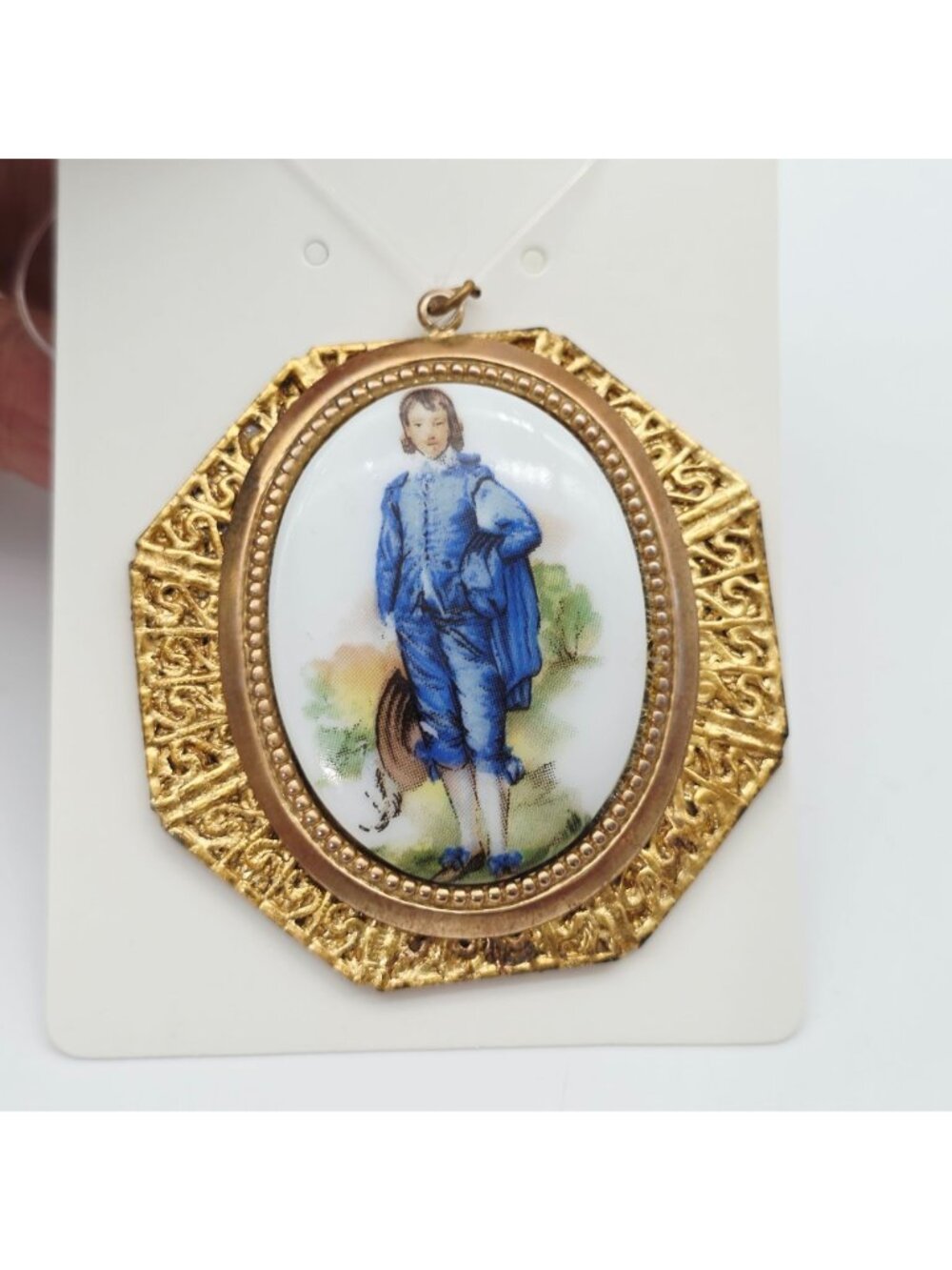 Vintage Gold-Tone Frame Pendant With Blue Boy Porcelain Cameo Oval Design 2" - Picture 2 of 6